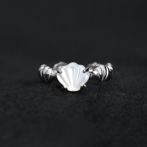 Adjustable silver ring with shell and tiger eye stone in white gold electroplated finish