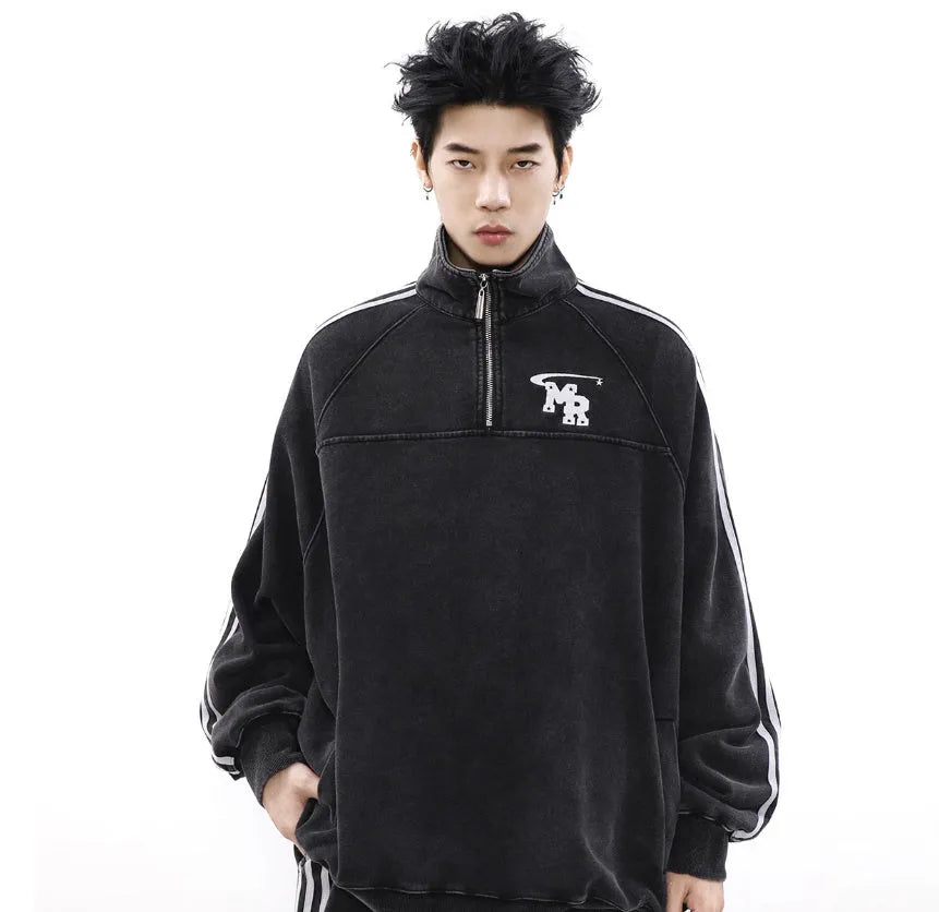 Men's black Hong Kong style polyester hoodie sweater with stand collar and long sleeves
