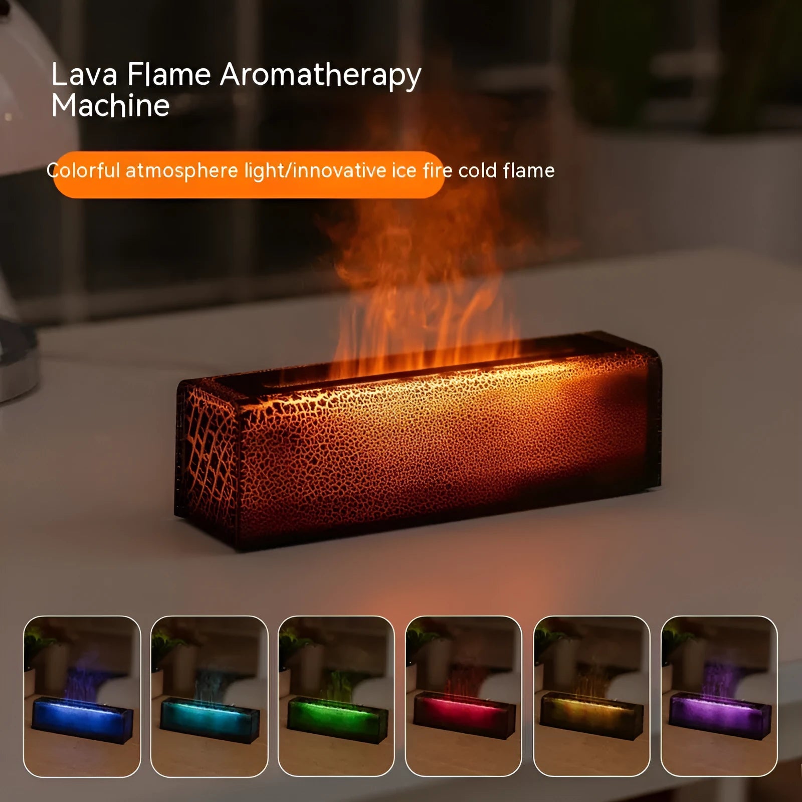 Square black creative lava USB humidifier and aroma diffuser with colourful LED flame lighting on a desk.