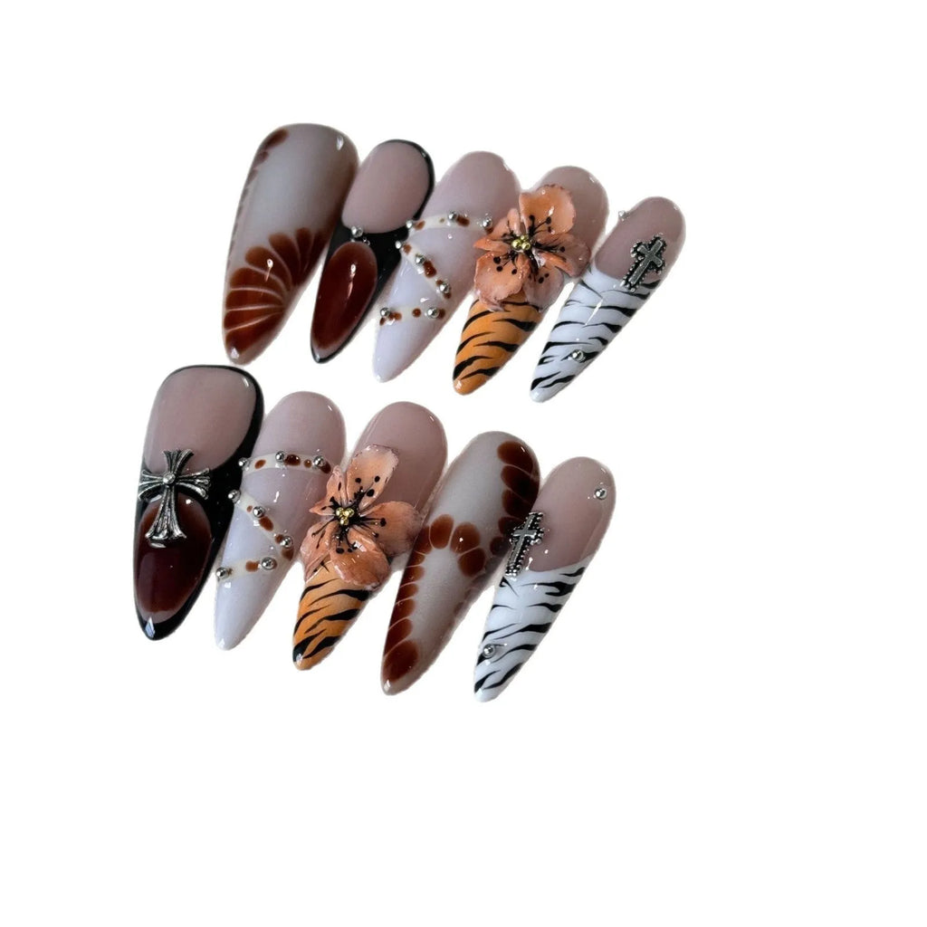 French style leopard print nail stickers with cross and flower patterns in XS S M L sizes