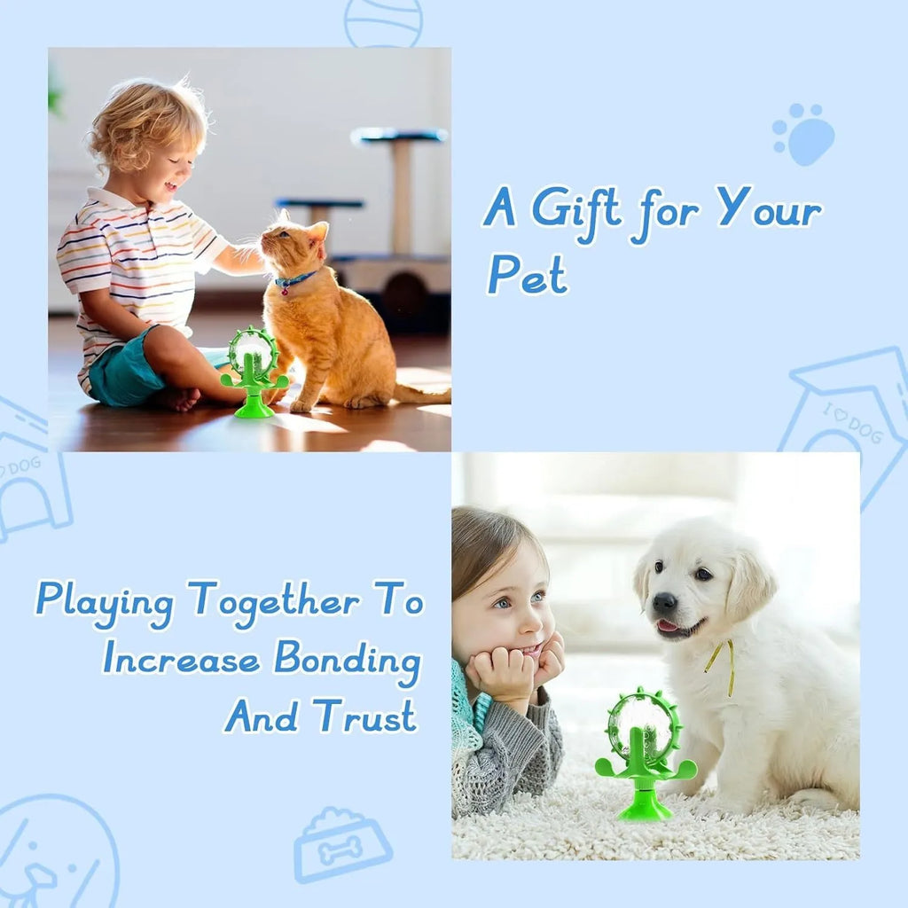 Interactive cat and dog puzzle feeder toy with bell spinner in blue green red yellow colours