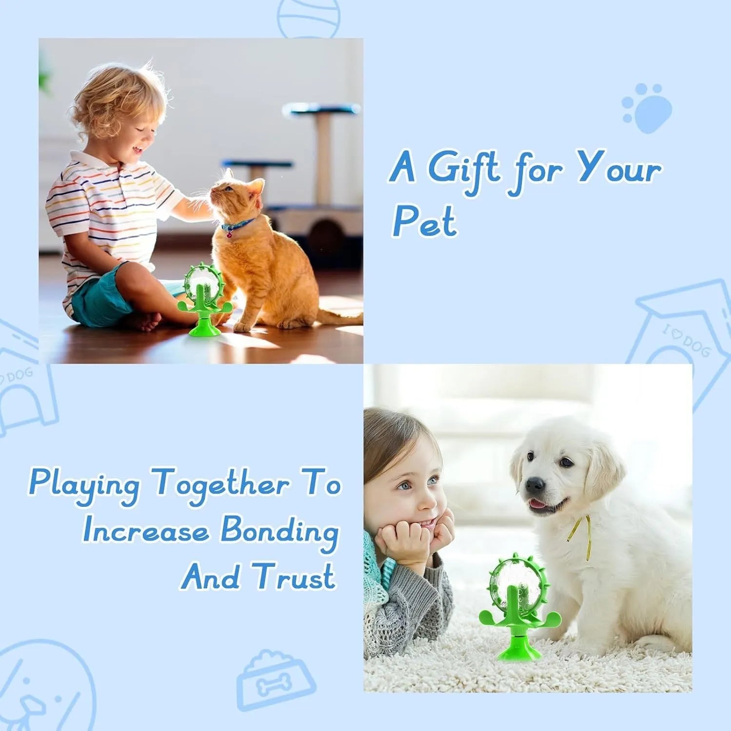 Interactive cat and dog puzzle feeder toy with bell spinner in blue green red yellow colours