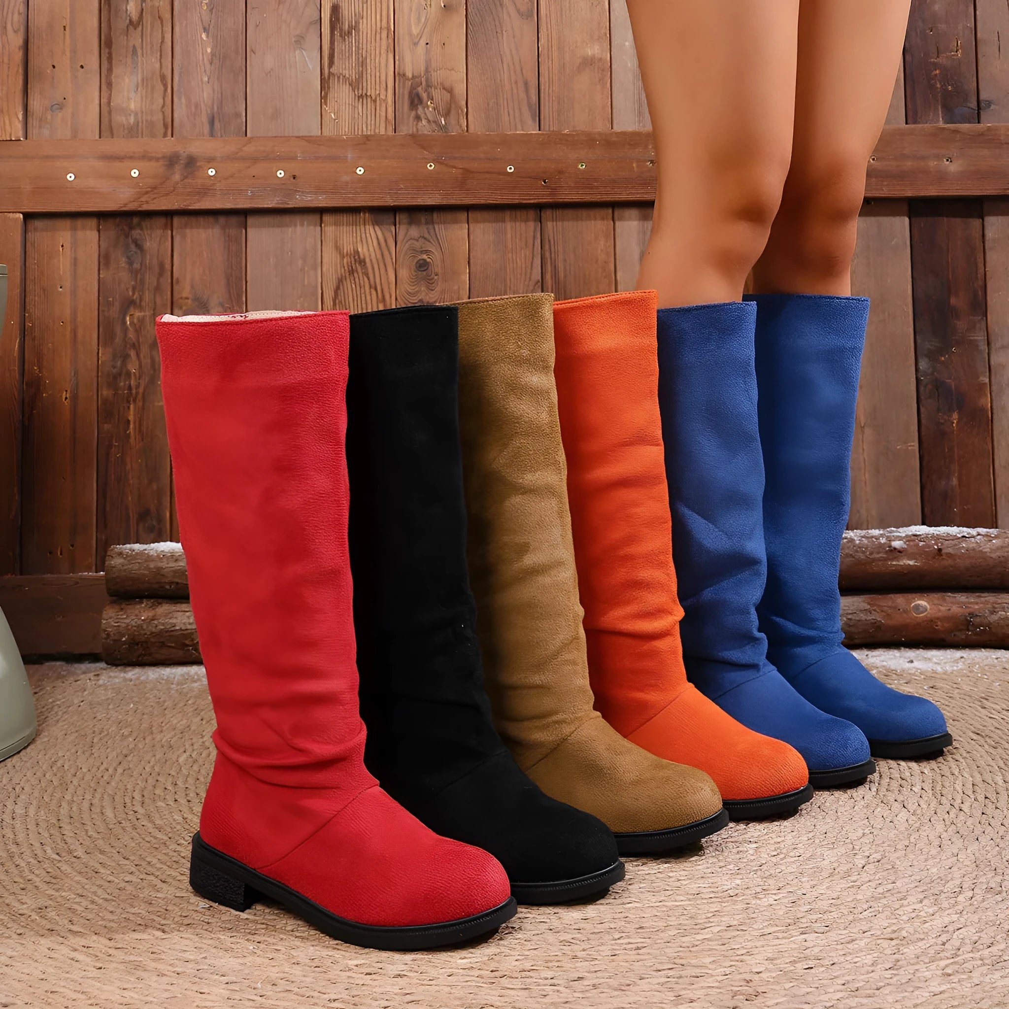 Cow suede high leg chunky heel boots side view