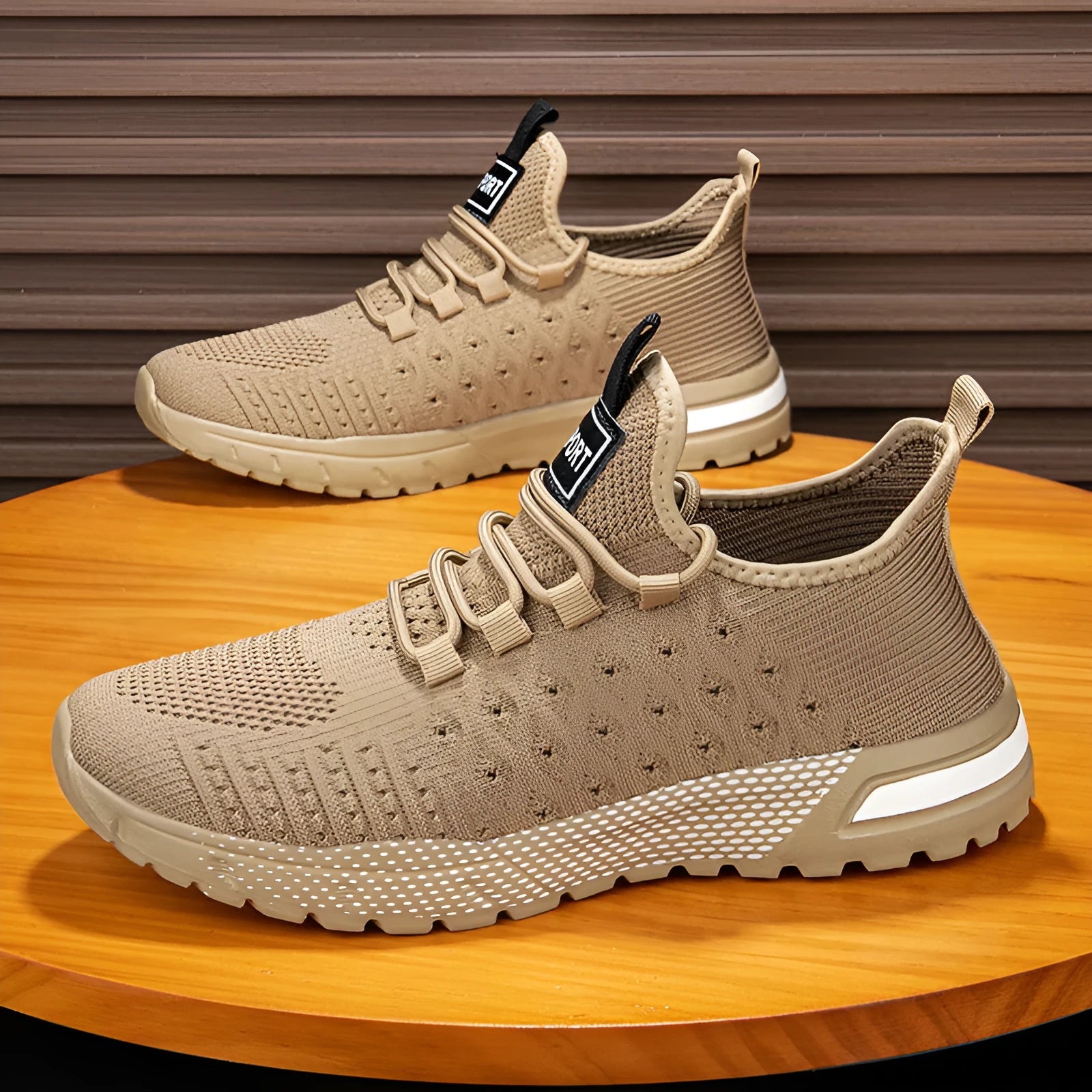 Men's solid colour casual shoe with a mesh upper, shown in Army Green.