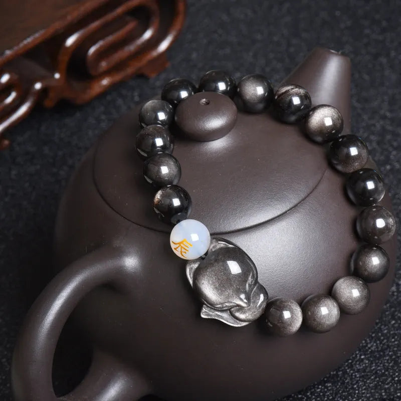 Natural obsidian zodiac guardian bracelet with 10mm beads in three style options