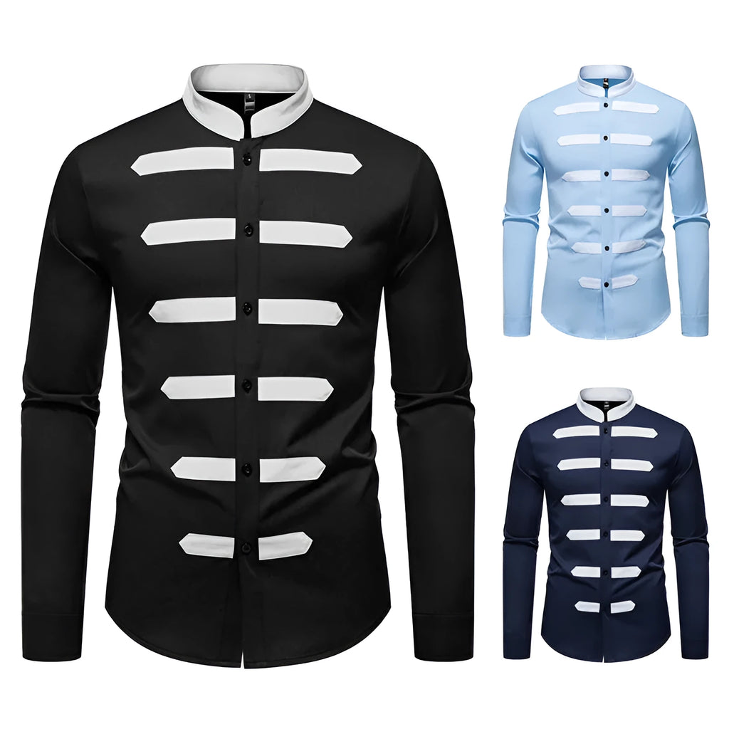 Men's casual long sleeve shirt with black and white stitching, slim fit, cardigan style, polyester fabric