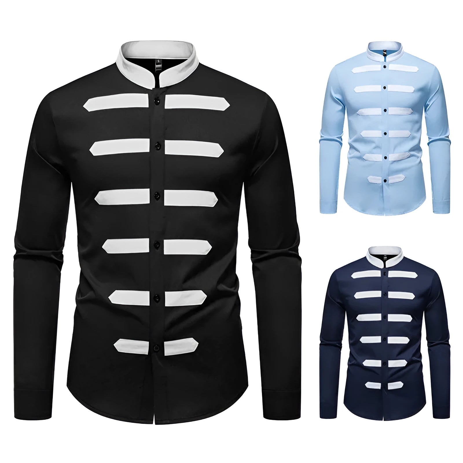 Men's casual long sleeve shirt with black and white stitching, slim fit, cardigan style, polyester fabric
