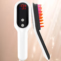 White electric head massager comb with red and blue lights and LED display on scalp