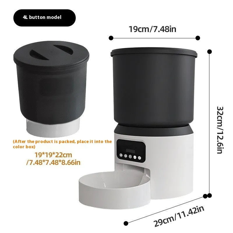 4L smart pet feeder for cats and dogs with WiFi app control and optional camera on a wooden floor.