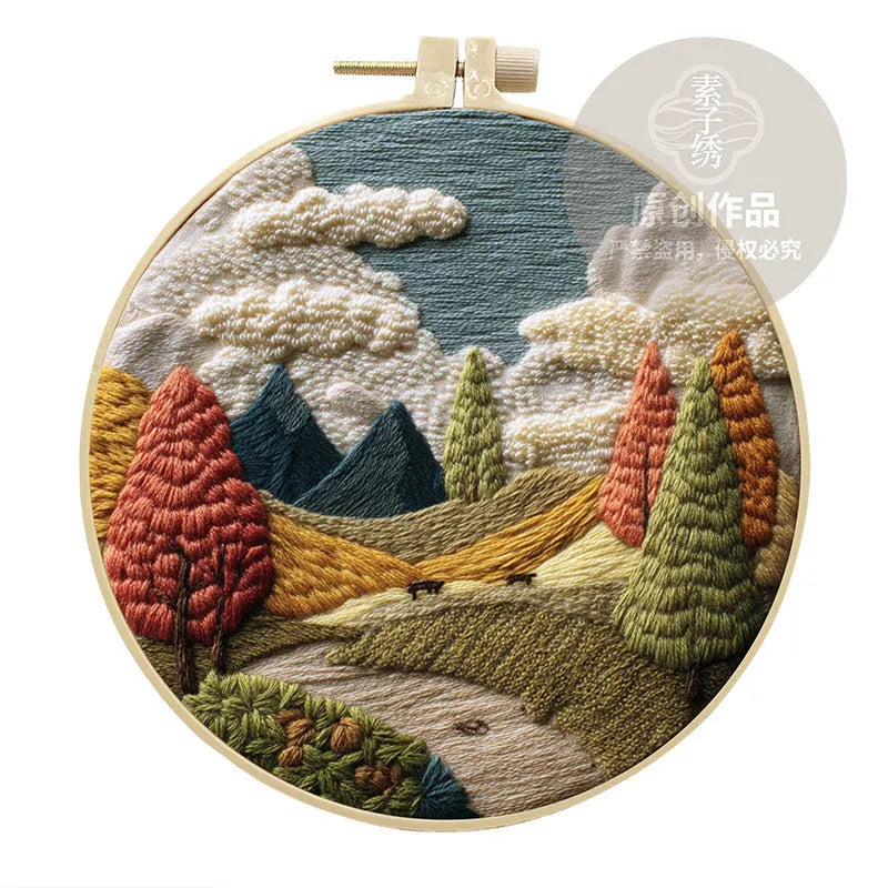 Landscape embroidery DIY kit with cotton fabric, threads, needles and bamboo frame