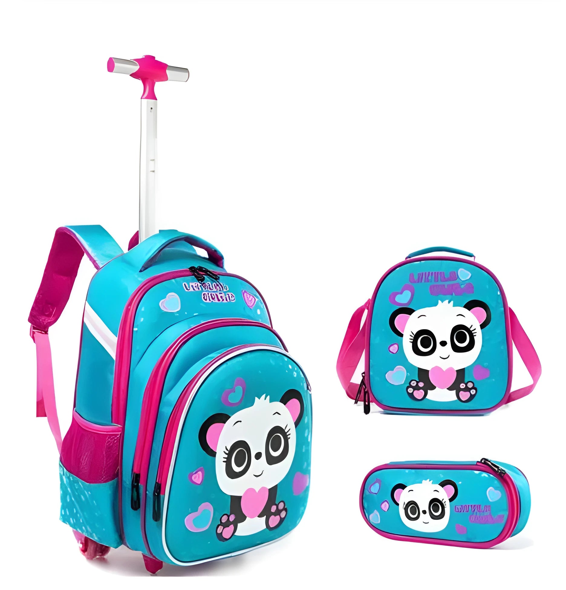 Three-piece trolley bag set for primary school students, nylon, 46cm, in cartoon cute style, including trolley bag, backpack and hand bag