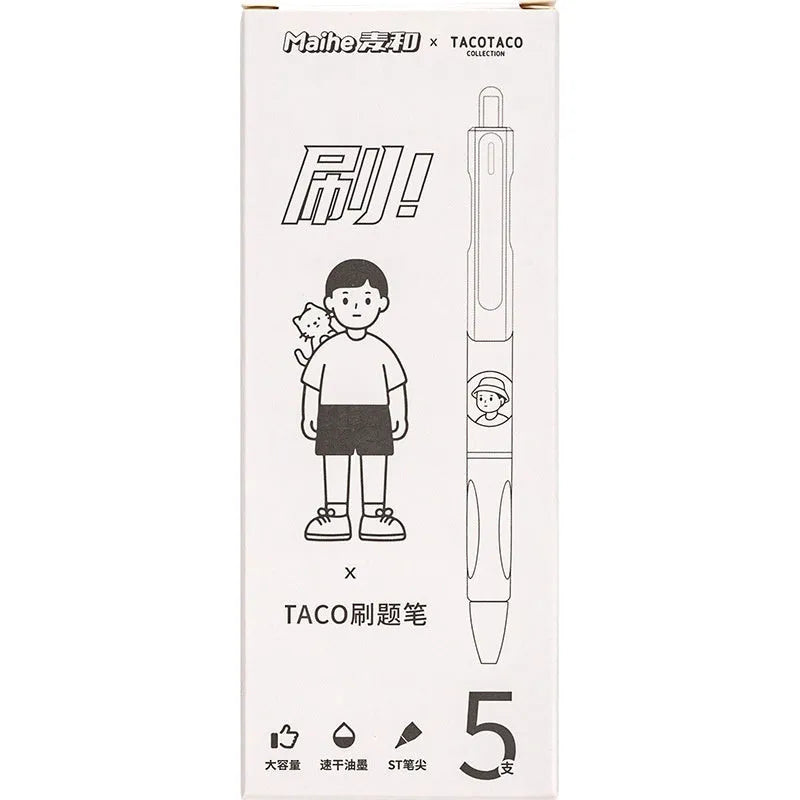 Five white ballpoint pens with 0.5mm black ink tips arranged together