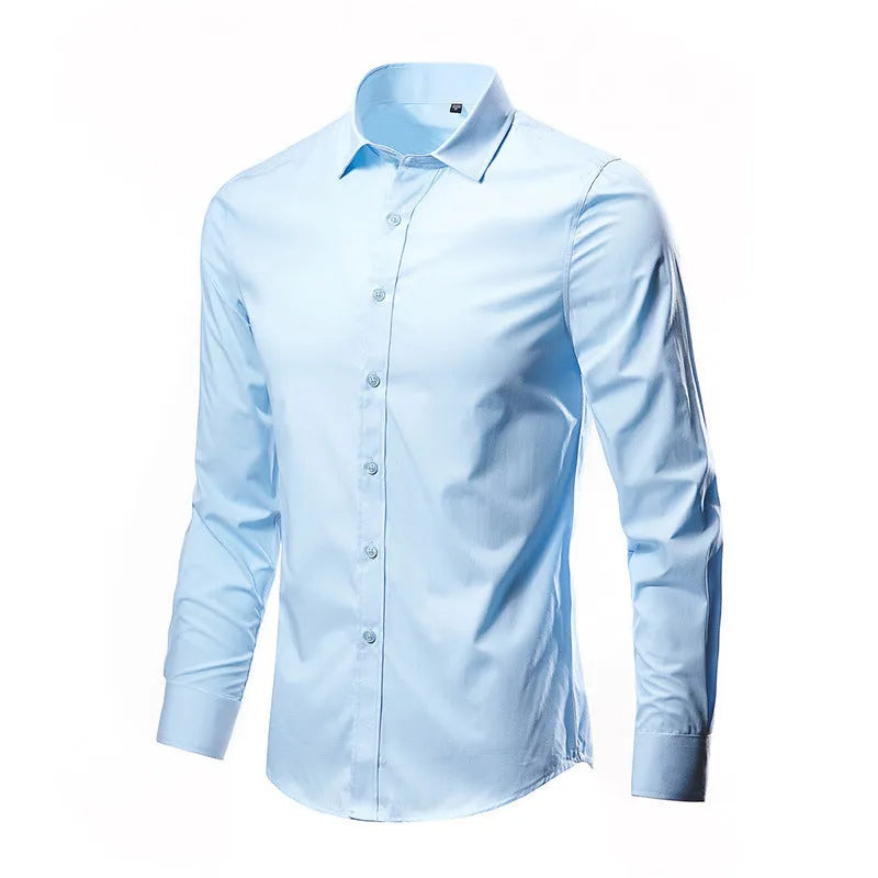 Simple trendy long-sleeve slim linen shirt in loose fit available in multiple colours including black brown and navy blue