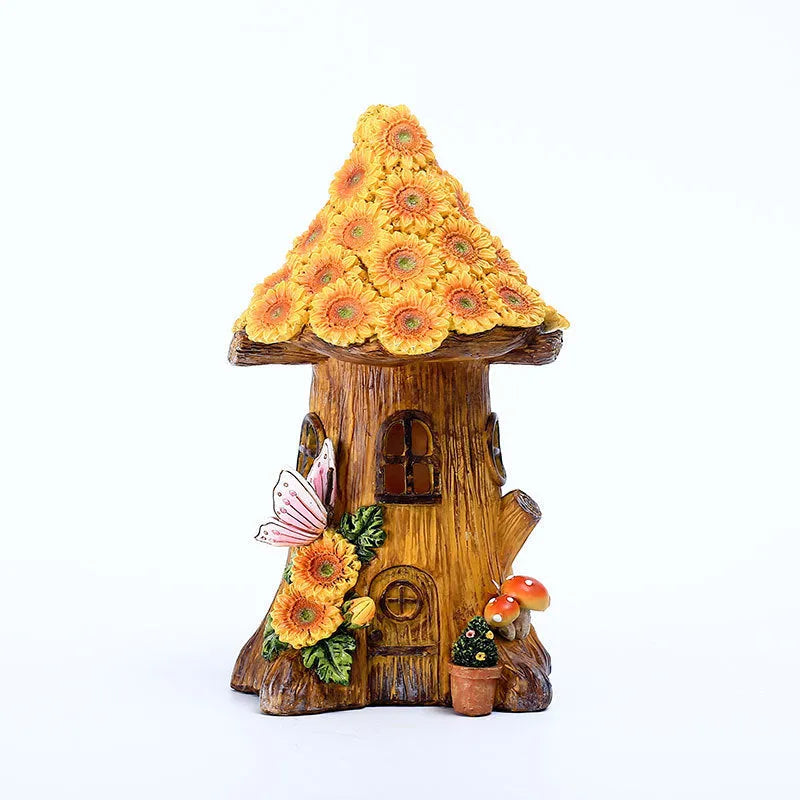 Resin solar lamp decoration tree house hand-painted cartoon pastoral style for outdoor garden lawn