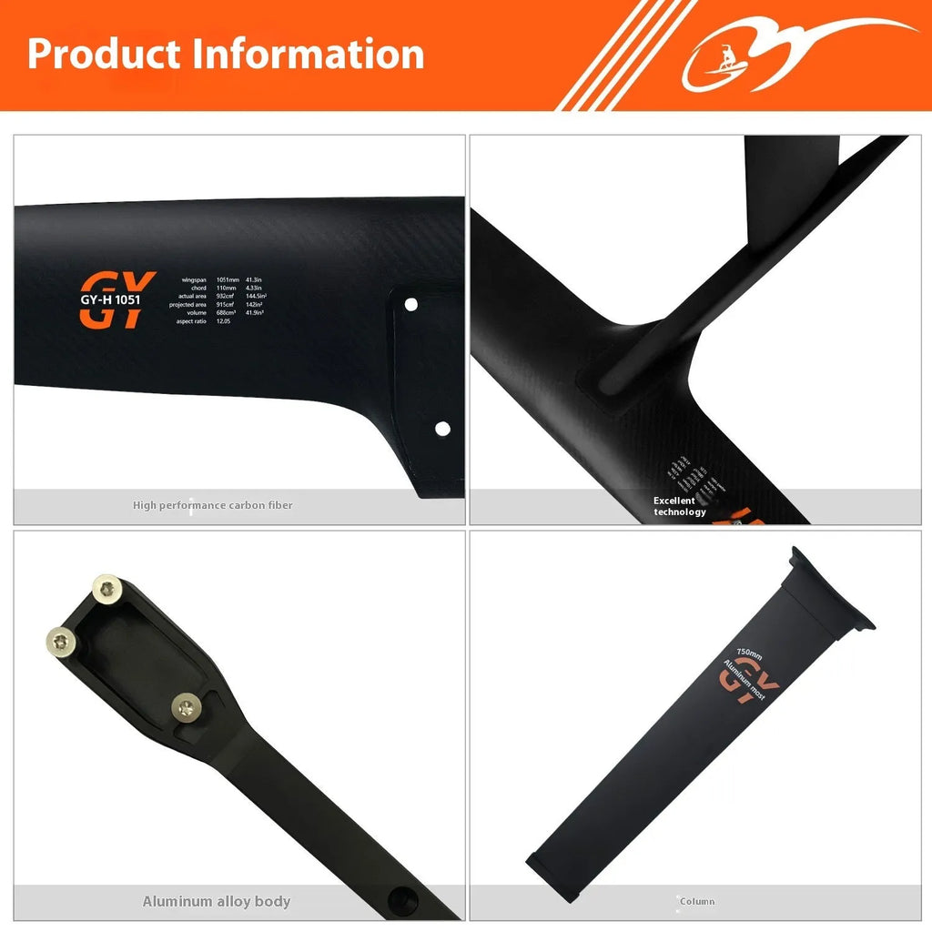 Black hydrofoil surfboard component with aluminium alloy and carbon fibre construction