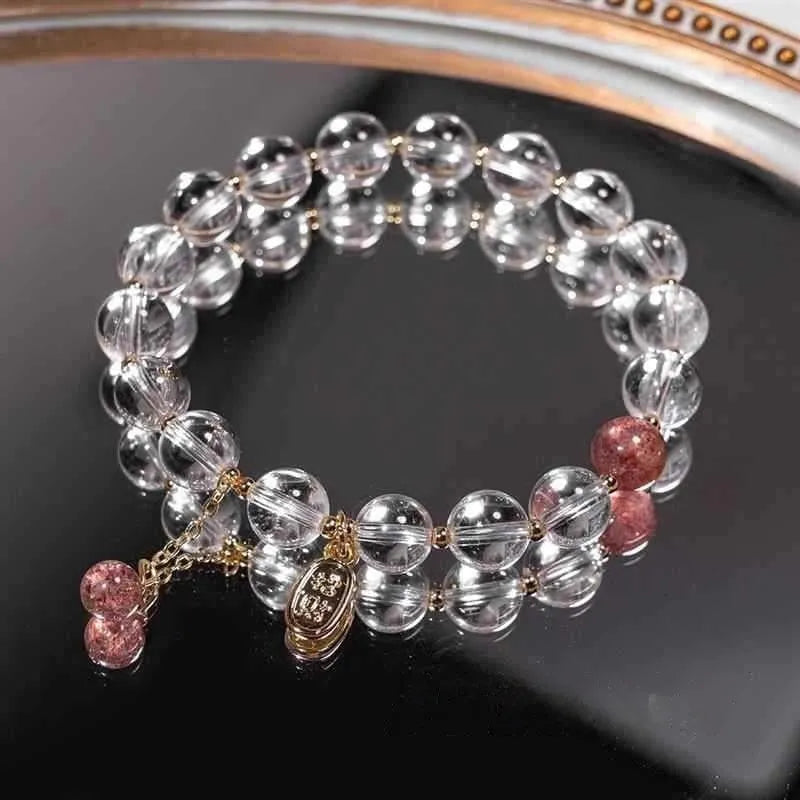 White crystal lucky fortune bracelet with 8mm beads in U-shaped design on matcha green gift box