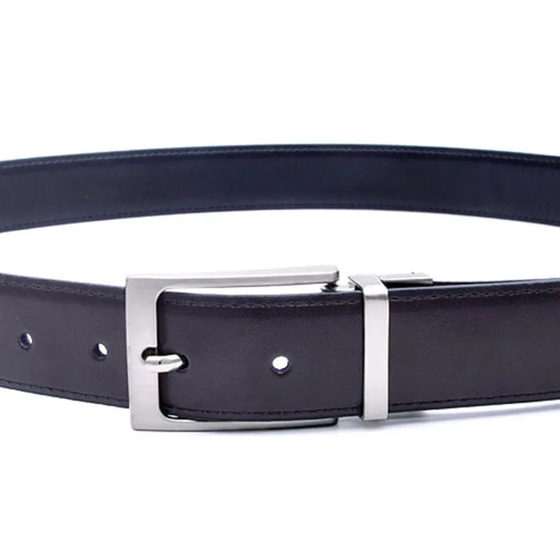 Men's dark brown and black genuine leather belt with rotating metal pin buckle showing length options