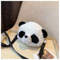 Soft plush crossbody bag with panda head design, cylindrical shape, and sandwich pocket