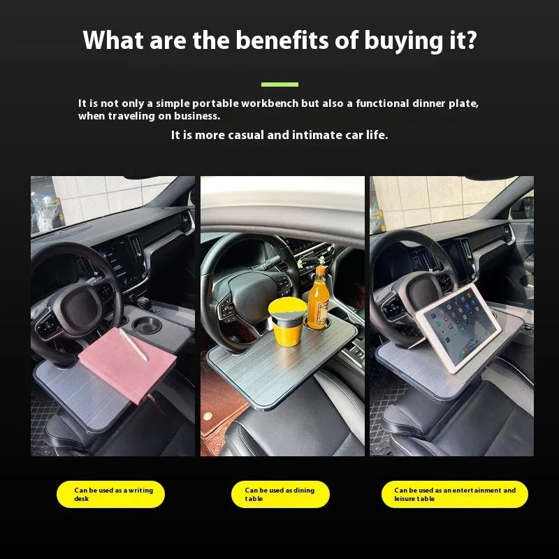 Black car steering wheel laptop tray with foldable cup holder on a 42cm by 28cm surface.
