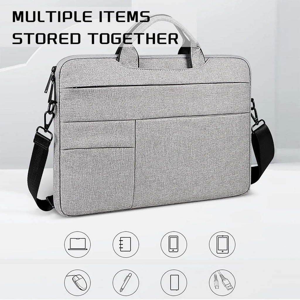 Water-repellent laptop bag with shoulder strap, available in multiple sizes and colours