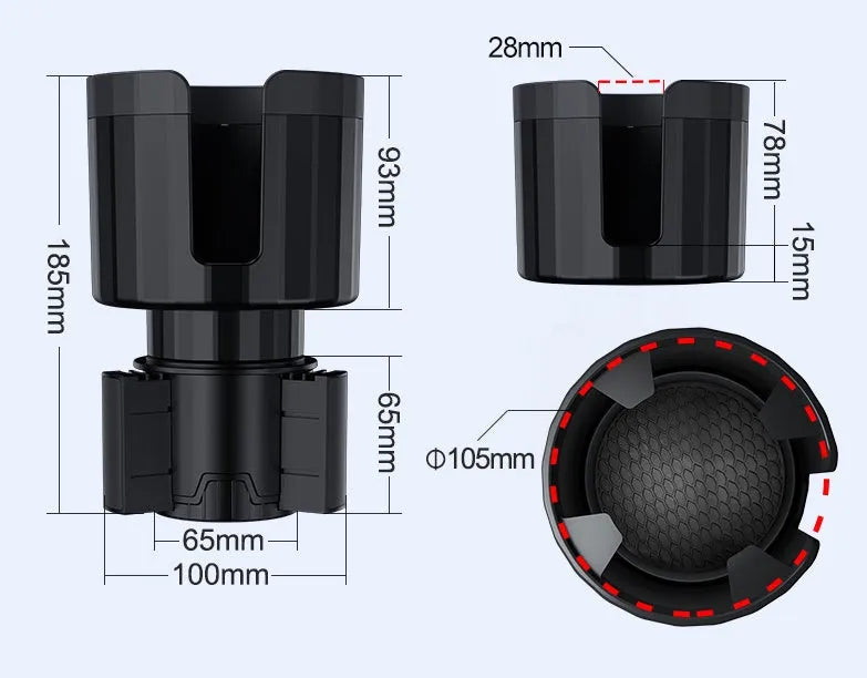 Matte black ABS car cup holder expander with adjustable base for large drink bottles.