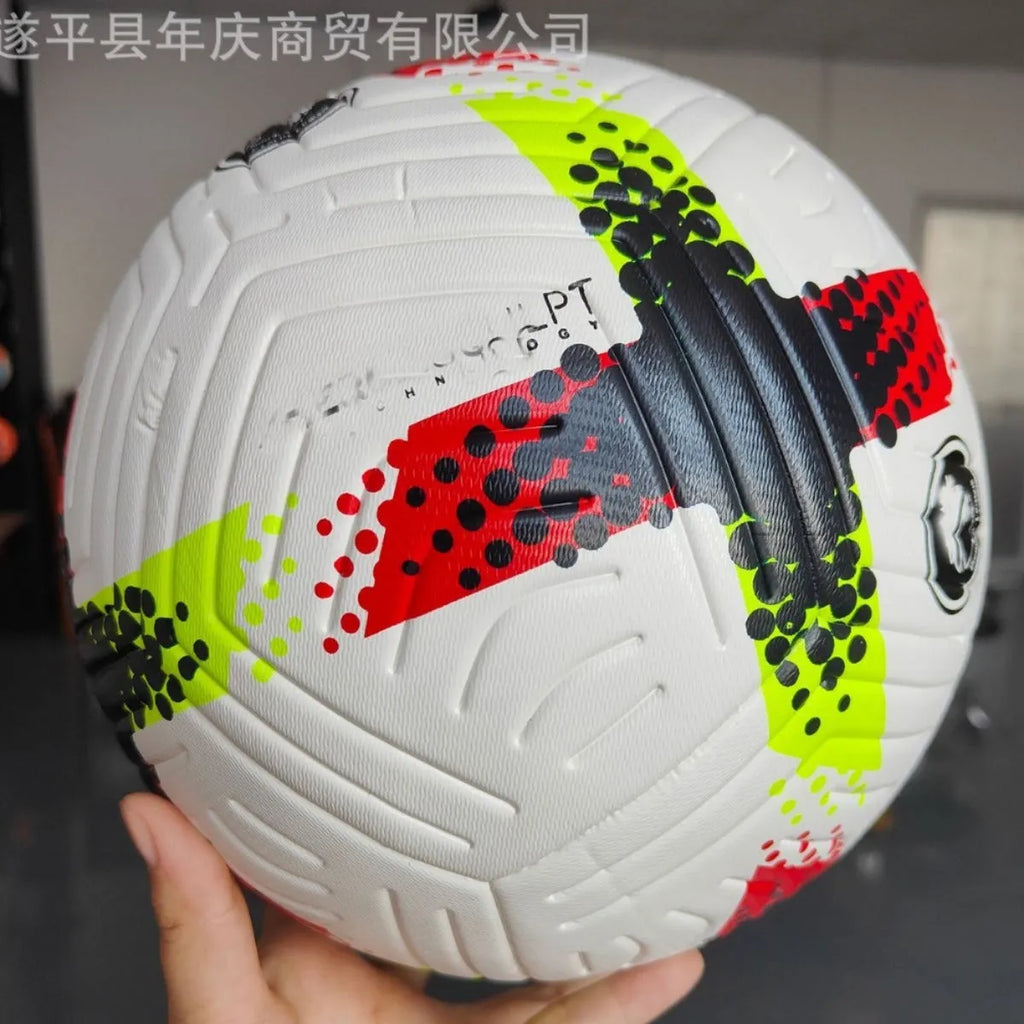 Fluorescent green Size 5 football on a pitch for training and matches.