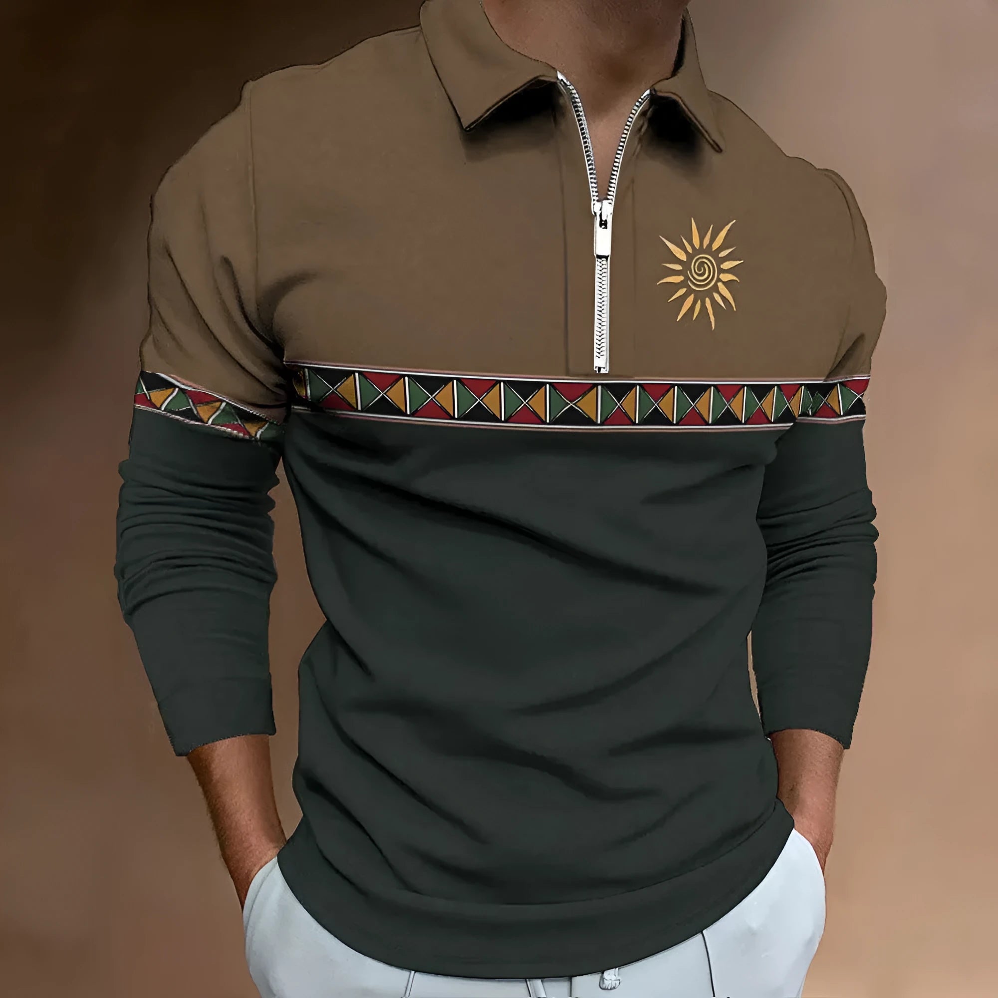 Men's loose-fit long-sleeve t-shirt with retro colour printing and zip decorations on sleeve