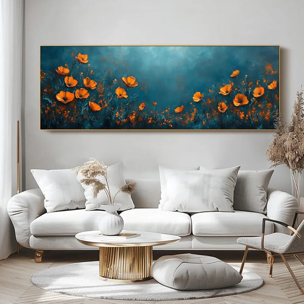 Abstract floral hand-painted oil painting on canvas, unstretched and frameless, shown in a horizontal orientation, suitable for home wall decor.