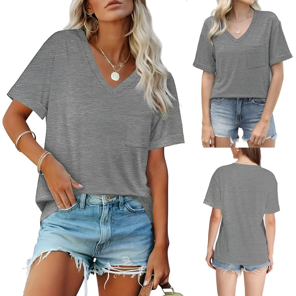Grey loose fit V-neck T-shirt with chest pocket in Japanese Korean casual style
