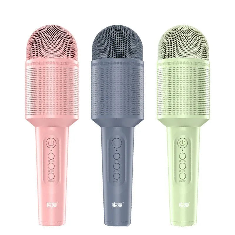 Wireless Bluetooth karaoke microphone in pink, blue, or green with USB port.
