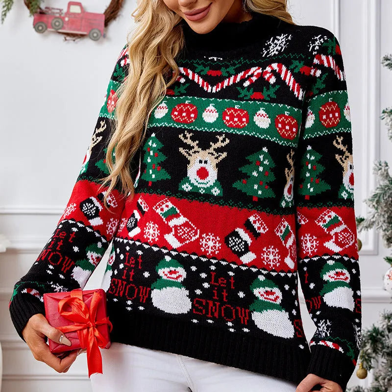 Women's long-sleeved slim-fit turtleneck sweater in black Christmas colour with animal pattern and contrast detail
