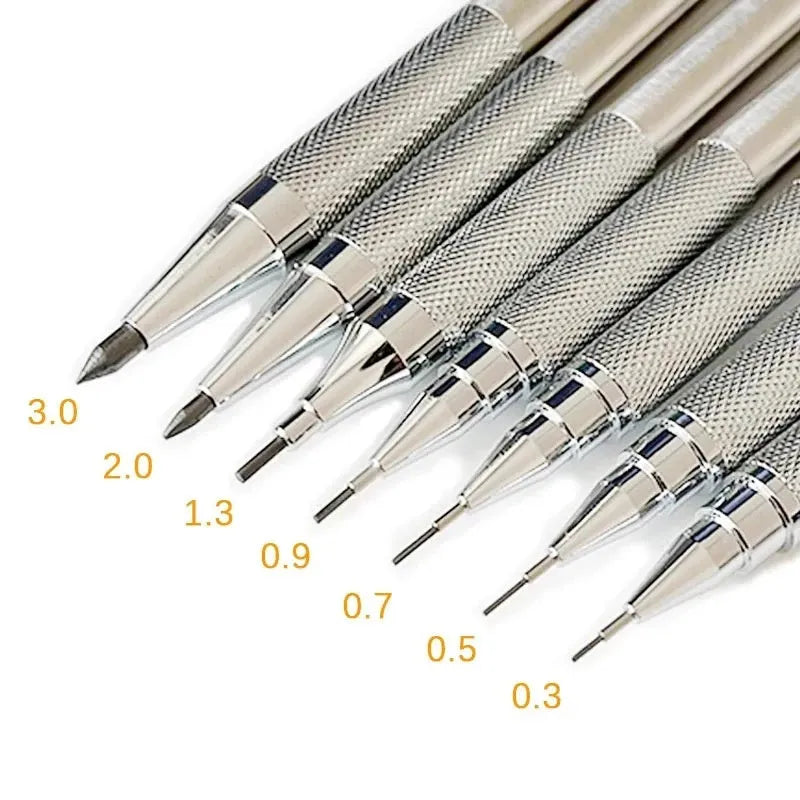 Metal automatic mechanical pencil with five lead size options and 2B graphite refills