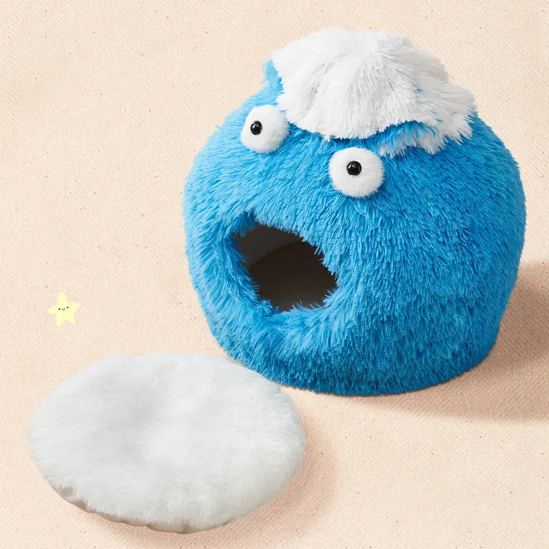 Warm winter cat nest closed sleeping house in soft plush material, available in blue, green, pink, purple, white