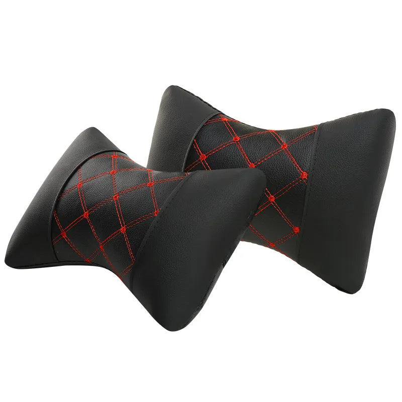 Artificial leather quilted car headrest cushion pair with elastic cotton filling for neck support