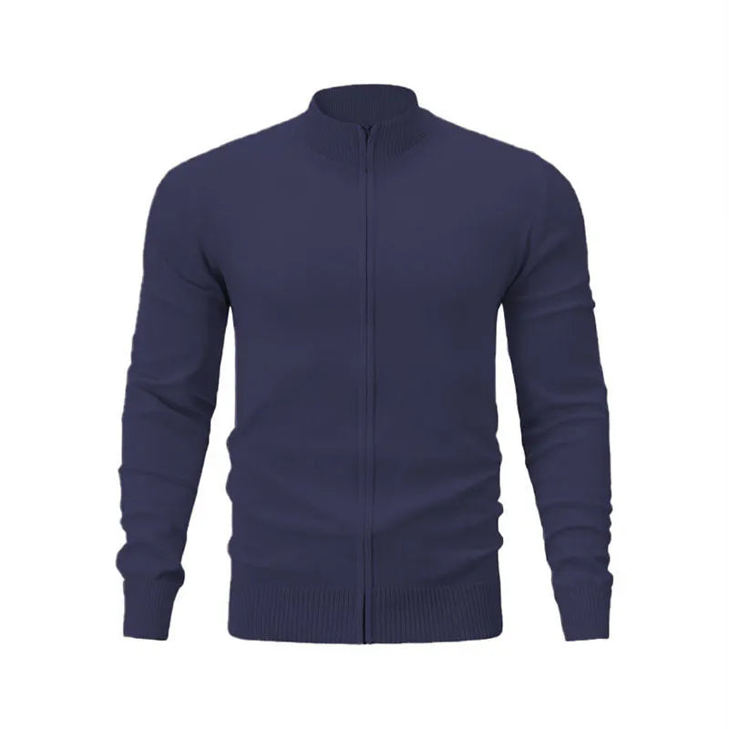 Casual stand collar zip-up sports sweater in a solid colour, shown on a model.