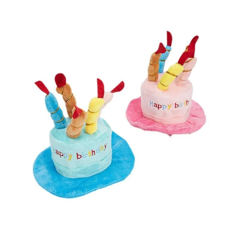Blue and pink dog birthday hat toy with party whistle, measuring 21cm by 15cm by 6.5cm