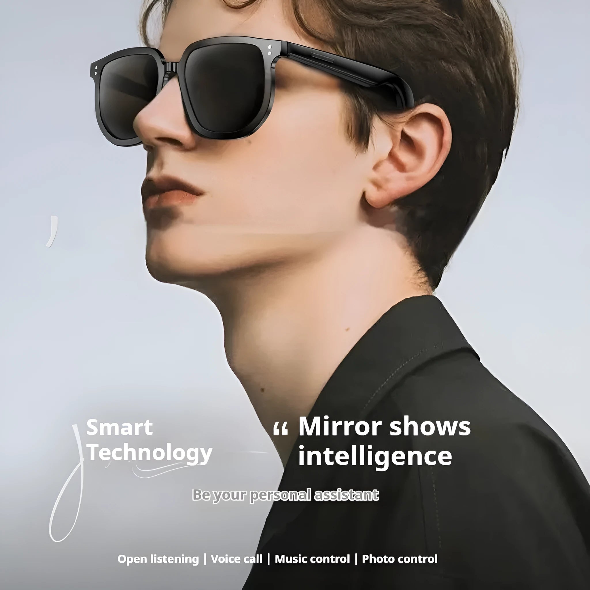 Black AI Smart Bluetooth sunglasses with touch controls on the frame.
