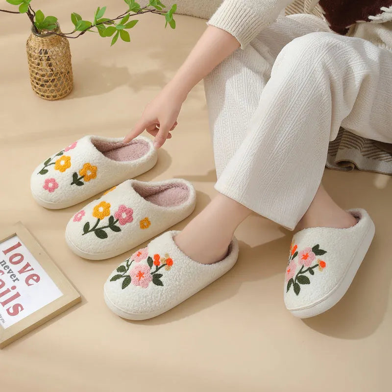 Women's warm cotton slippers with embroidered flower design in plum blossom colour