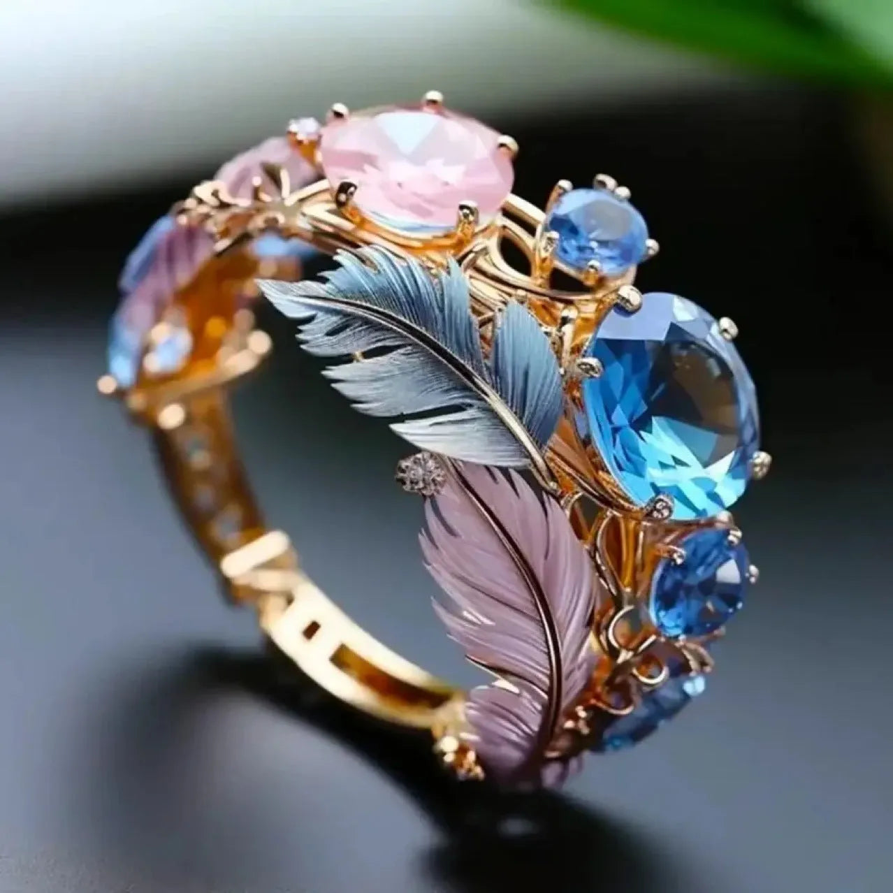 Gold brass feather ring with embossed design and zircon inlay geometric jewellery
