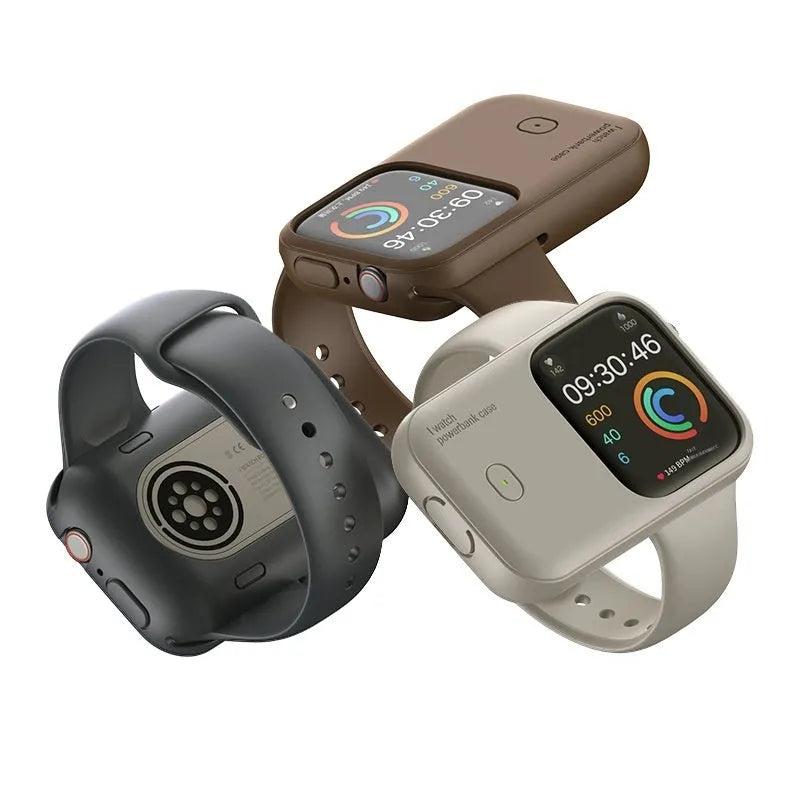 Apple Watch portable charging case power bank in brown, midnight blue, or starlight colour with silicone protection case.