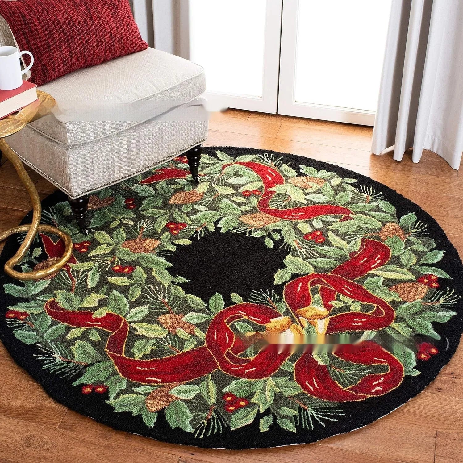 Round Christmas carpet with festive blanket design on floor beside holiday decorations