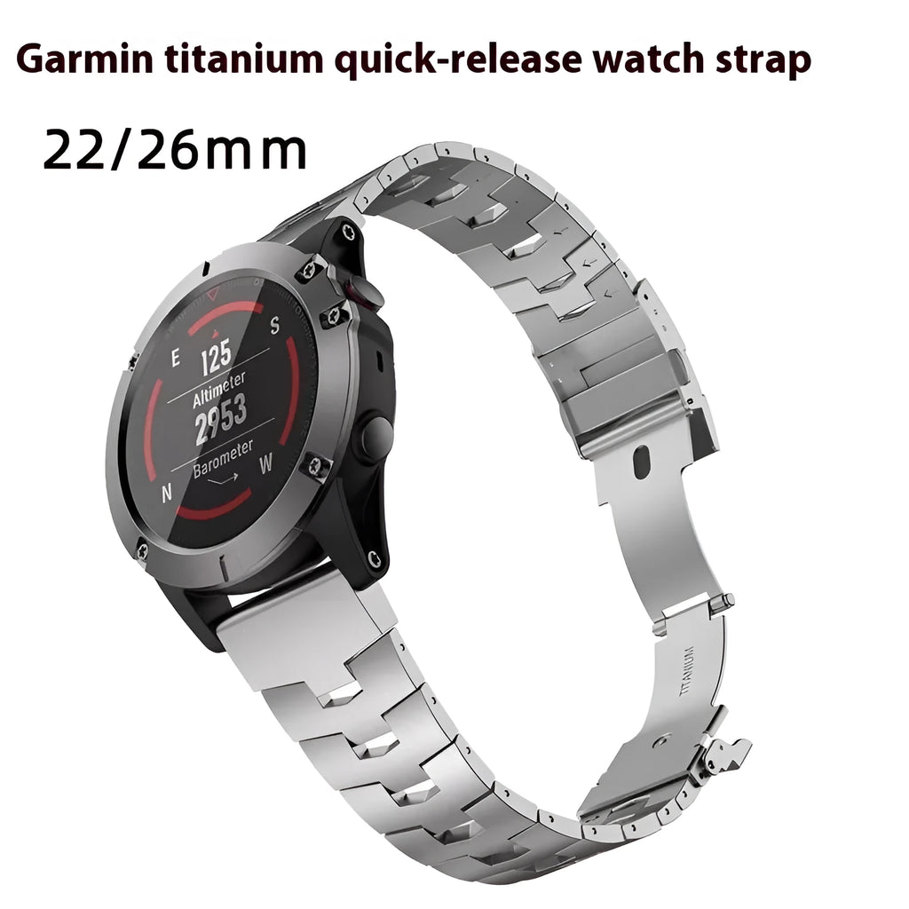 Simple replacement watch strap for Garmin Jiaming and Fenix models in black, silver, and titanium colour.