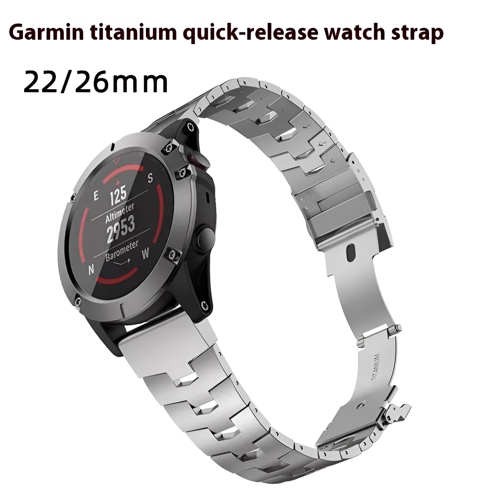 Simple replacement watch strap for Garmin Jiaming and Fenix models in black, silver, and titanium colour.