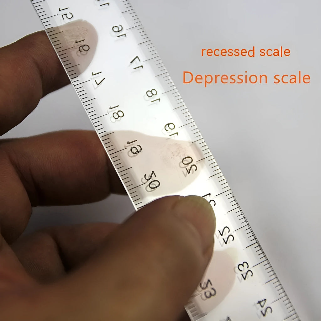 Orange-yellow plastic T-square ruler showing 30 cm scale and right-angle edge for drafting.