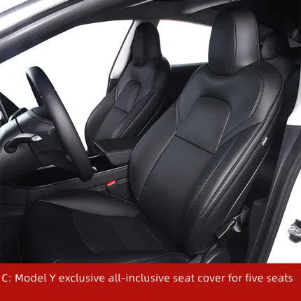 Black and white PVC chloroprene car seat covers for Tesla Model 3 and Model Y interior protection.