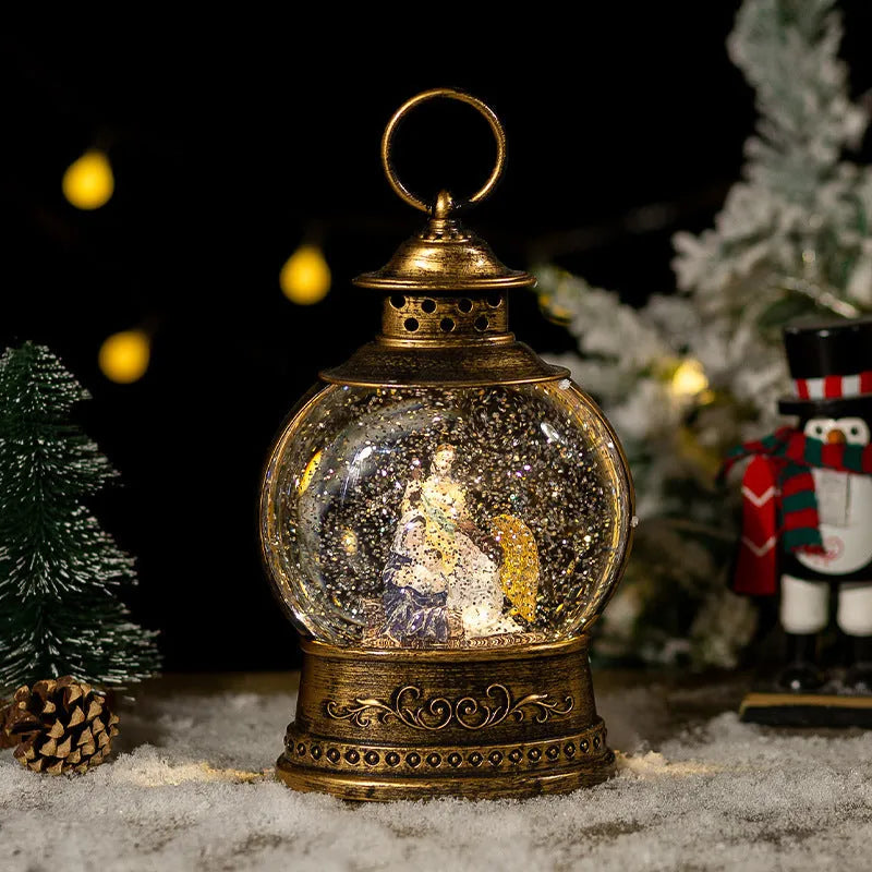Large flat round plastic Christmas decoration rotating crystal ball music box with night light