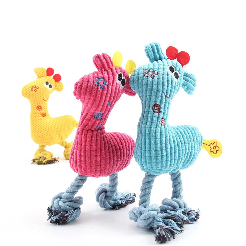Blue deer shaped plush dog toy with corn grain texture and squeaker sound for pets