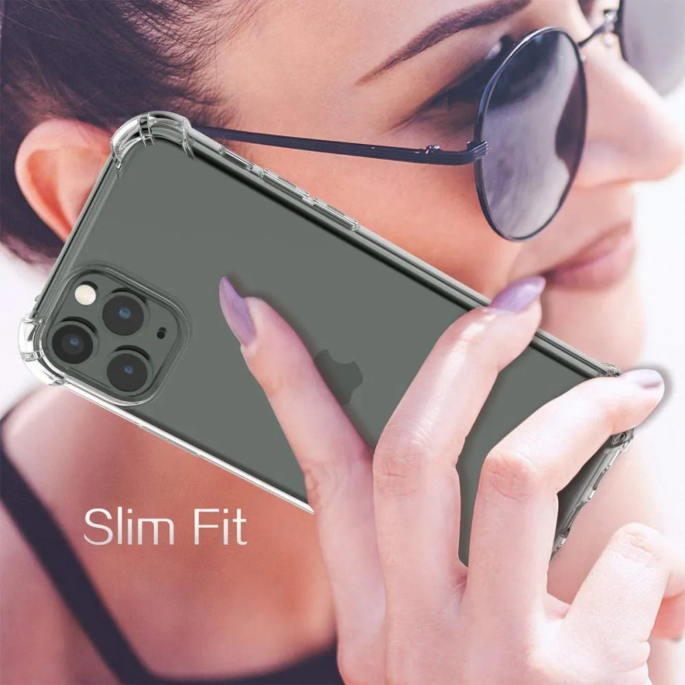 Clear transparent TPU shockproof protective case for Apple iPhone, showing phone model compatibility list.