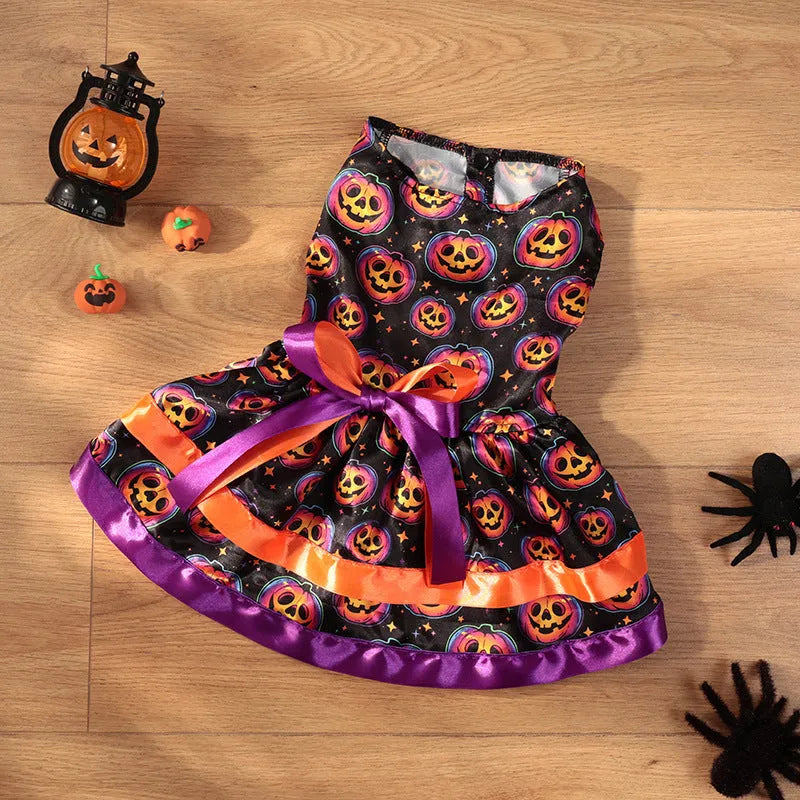 Halloween dog skirt in colourful pumpkin print with double-layer construction for pet costume