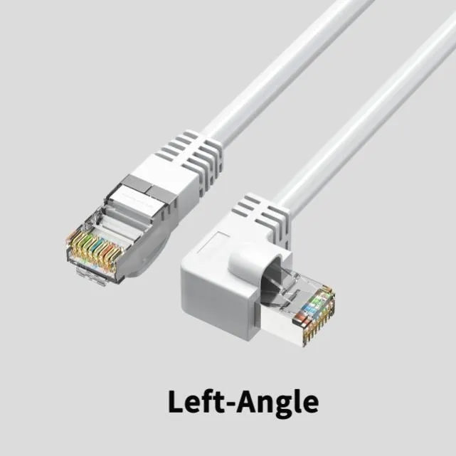 Cat6 Ethernet cable with right-angled RJ45 connector in various colours and lengths